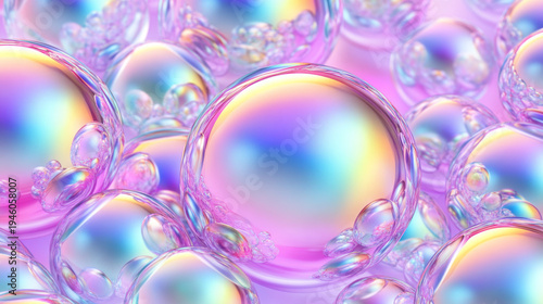 Colorful soap bubbles floating in pastel background with reflections  