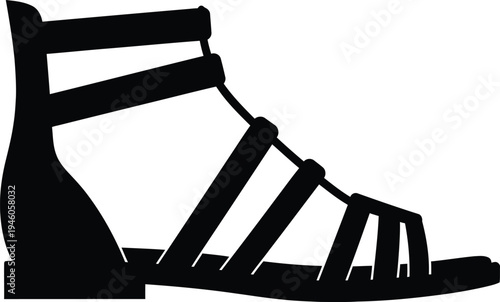 Black silhouette of a gladiator style sandal with multiple straps and a flat sole.
