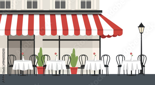Charming Parisian Cafe Terrace with Red and White Awning.