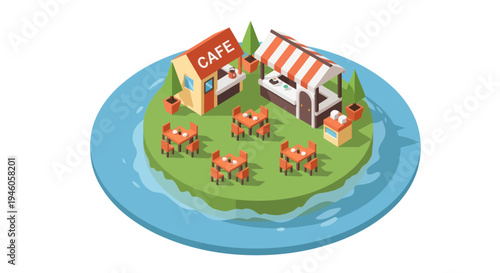 Charming Miniature Cafe Scene on a Plate Island.