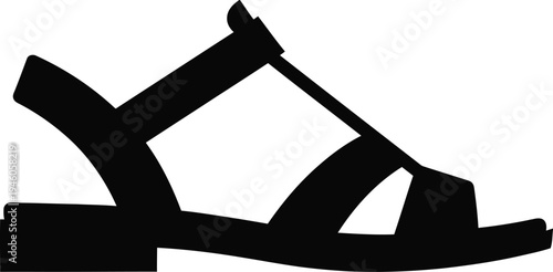 Black silhouette of a stylish women's strappy sandal featuring a comfortable low heel and ankle strap