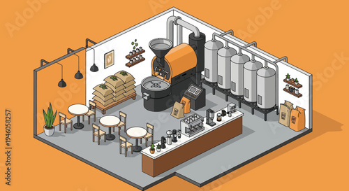 Isometric Coffee Roasting Facility with Seating Area.