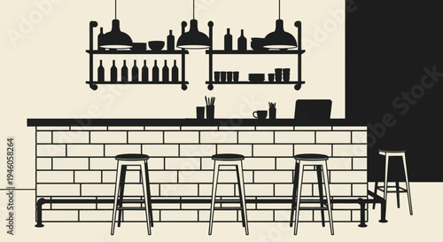 Modern Bar Interior With Stools and Shelves.