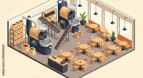 Modern Coffee Roasting Facility with Seating Area.
