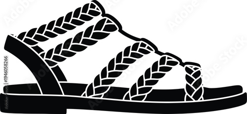 Black silhouette of a stylish gladiator sandal featuring multiple braided straps and a flat sole
