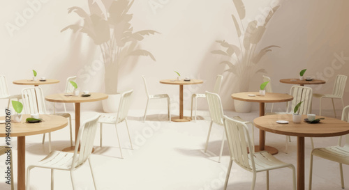 Modern cafe interior with round tables and chairs.