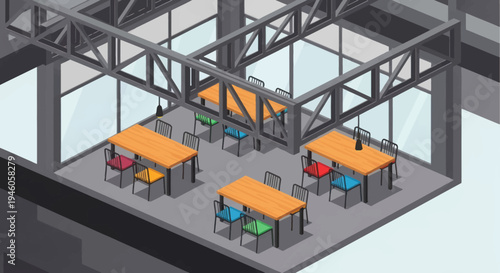 Modern Office Break Room with Colorful Chairs and Tables.