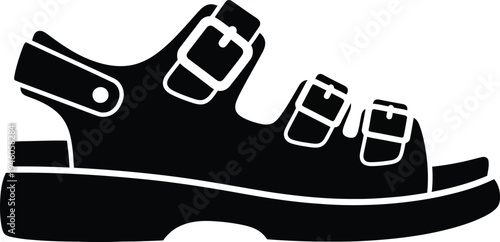 Black silhouette of a comfortable summer sandal with three adjustable buckle straps and a thick sole