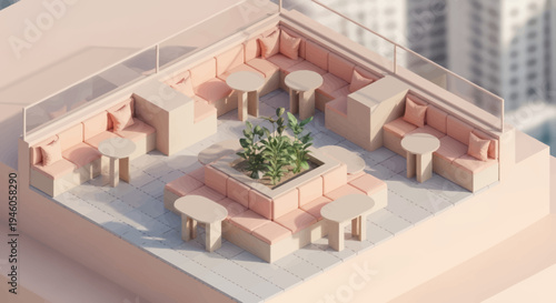 Modern Rooftop Cafe Seating Area with Pink Booths and Tables.