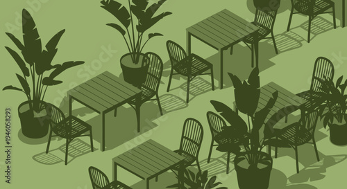 Outdoor cafe tables and chairs with lush green plants.