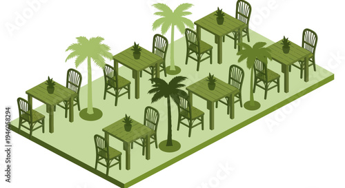 Outdoor cafe seating arrangement with palm trees and tables.