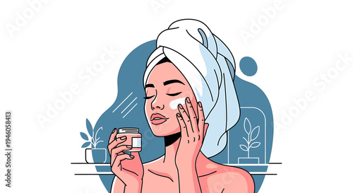 Woman applying skincare cream facial treatment wellbeing beauty concept