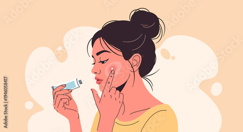 Woman applying skincare cream illustration for dermatology and beauty