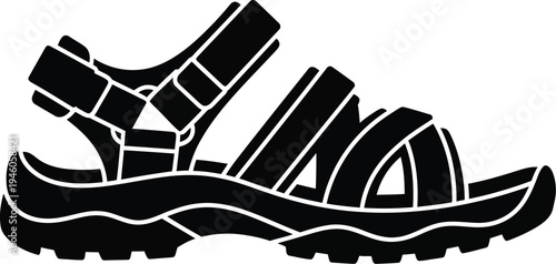 Black and white icon of a durable hiking sandal with multiple straps and a rugged sole