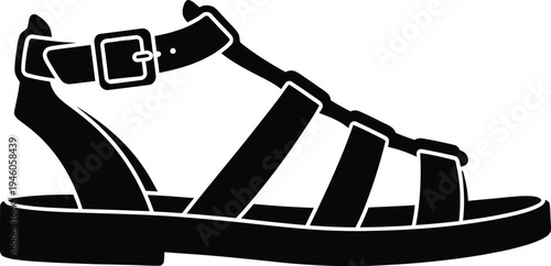 Black silhouette of a flat gladiator style sandal featuring multiple straps and an ankle buckle