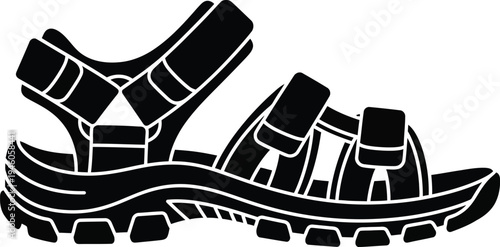 Black silhouette of a sporty outdoor sandal with adjustable velcro straps and a rugged sole