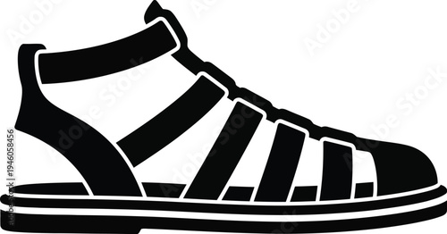 A black and white silhouette of a classic gladiator sandal with multiple straps and a flat sole