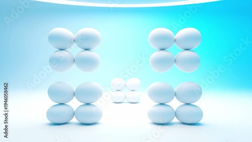 Different arrangements of white spheres displayed on a blue background in a minimal setting