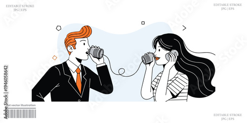 Communication illustration people talking with tin can telephone connected by string