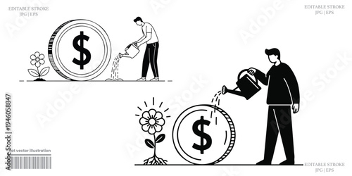Investment financial growth illustration people watering plants beside dollar coin prosperity
