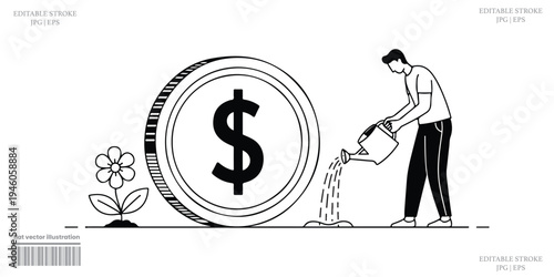 Finance investment growth illustration person watering plant beside dollar coin prosperity