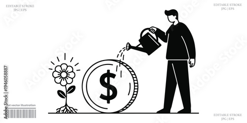 Investment money growth illustration person watering dollar coin financial prosperity concept
