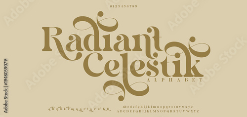 Radiant Celestik Luxury wedding alphabet logo font with tails. Typography elegant classic serif fonts and number decorative vintage retro logos branding. vector illustration