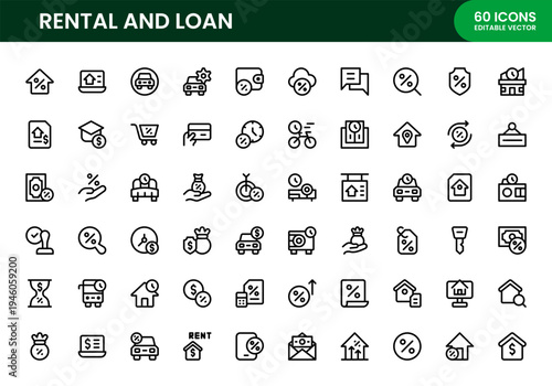 Rental and loan icon set. Rental and loan modern line icon collection for professional vacation rental and travel lease vectors.
