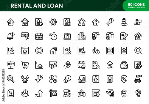 Rental and loan icon set. Rental and loan professional line icon set with modern wealth management and loan security symbols.