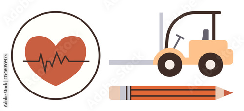 Health, logistics, creativity, workplace safety, productivity, resource planning. A heart with a heartbeat line, a forklift and a pencil. Health and logistics illustrated visually