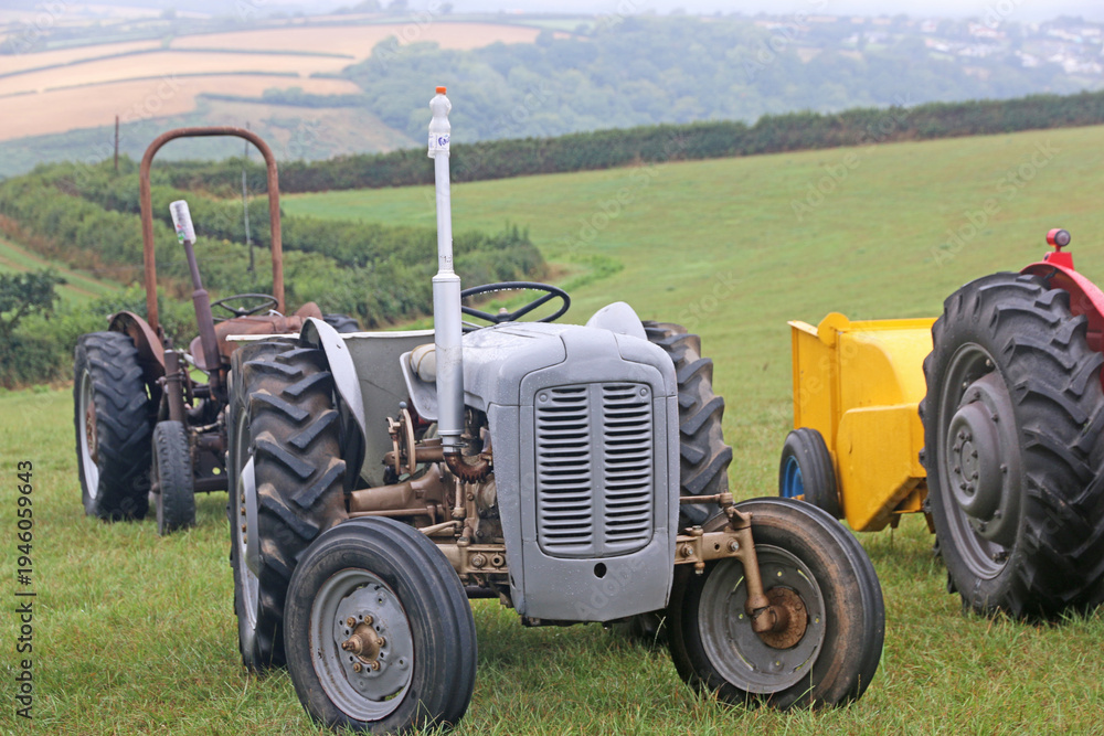 Obraz premium Vintage tractors standing in a field
