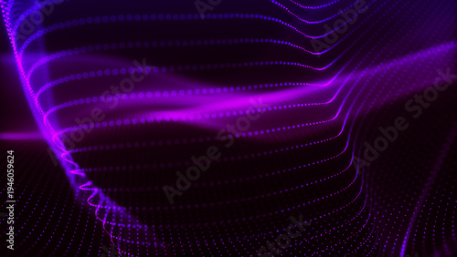 Futuristic dynamic wave. Abstract background of moving particles. Colorful music wave. Banner dedicated to technology or science. Digital technologies. 3D vector illustration.