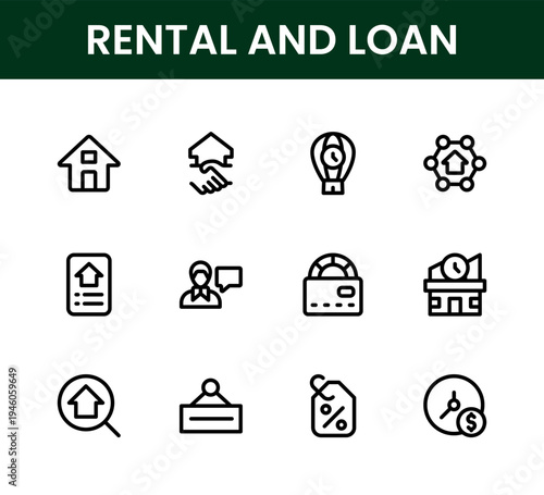 Rental and loan icon set. Rental and loan professional line icon set featuring modern personal credit and money lending symbols.
