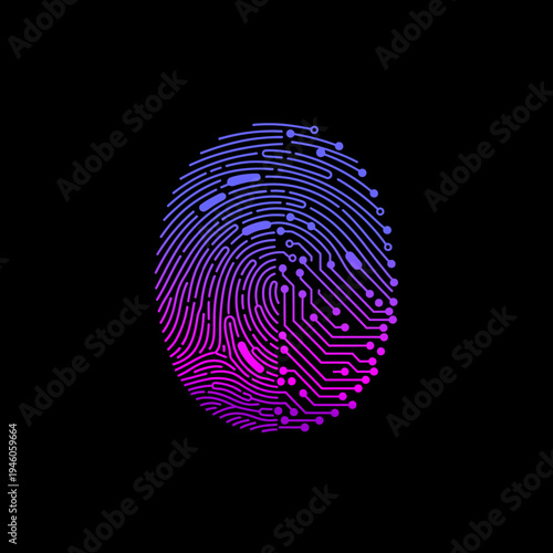 Digital Fingerprint Biometric Security Technology on Black Background.
