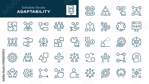 Adaptability. Set of outline icons. Adaptive, flexible, ability, agility, efficiency, integration, coping strategy, apid adaptation and more. Line icon in linear style. Vector collection	
