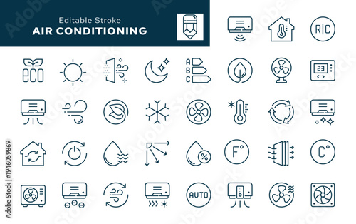 Air conditioning. Set of outline icons.  Air conditioner, fan, wind, cooling and heating appliance, air cleaner, climate control, blow and more. Line icon in linear style. Vector collection	
