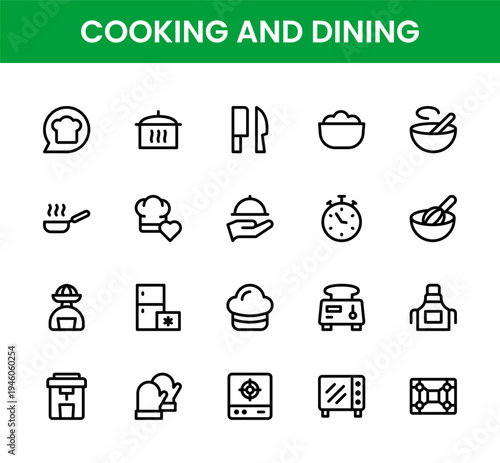 Cooking and dining icon set. Cooking and dining professional line icon collection with modern utensil and kitchen tool symbols.