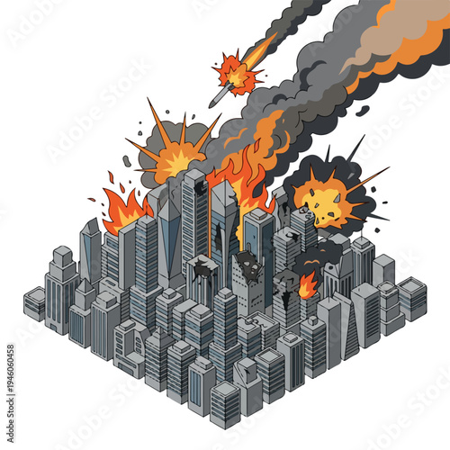 isometric vector illustration of a damaged city hit by a missile attack 0010
