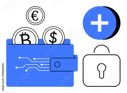 Cryptocurrency wallet concept. A blue digital wallet with Bitcoin, Dollar, and Euro coins s cryptocurrency usage. Cryptocurrency enables secure transactions and decentralized finance. Perfect