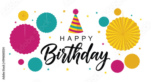 Happy Birthday vector banner with colorful balloons and party hat