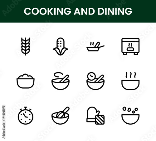 Cooking and dining icon set. Cooking and dining modern line icon set with professional home kitchen and appliance vector elements.