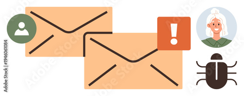 Email security, cybersecurity threats, data protection, phishing alerts, online communication, privacy concerns. Two envelopes with a user icon, warning triangle and bug symbol. Email security