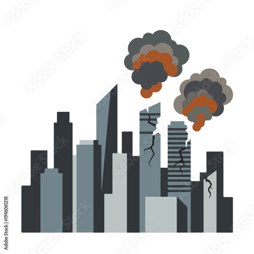 vector flat illustration of a damaged city hit by a missile attack 009
