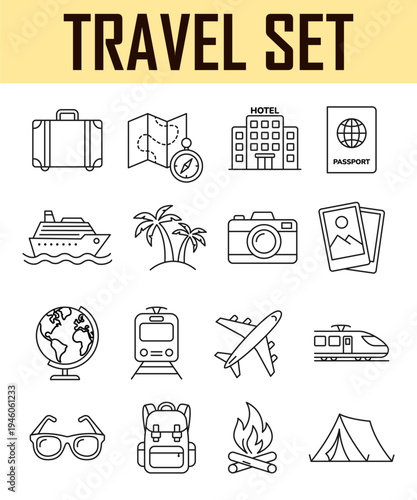 Travel and tourism icon set. Airplane, trip, beach, passport, summer vacations, backpack, camping, hotel. Collection of traveling and tourism elements. Vector illustration.
