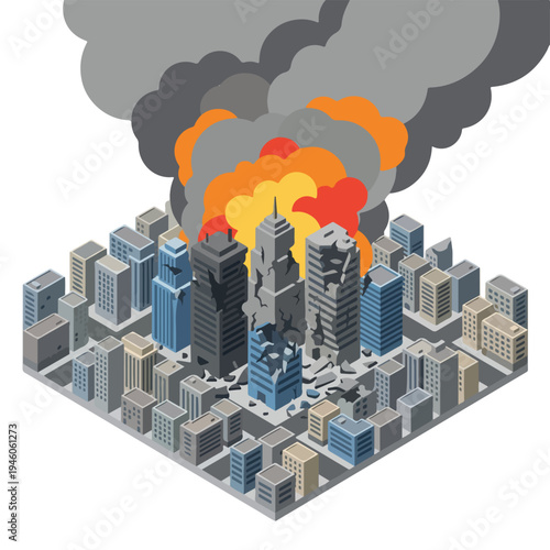 isometric vector illustration of a damaged city hit by a missile attack 5