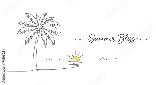 Vector illustration of palm tree and sunset with 'Summer Bliss' text