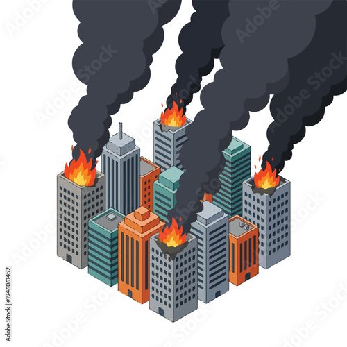 isometric vector illustration of a damaged city hit by a missile attack 6