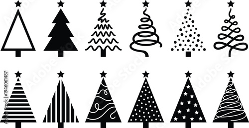Christmas tree icon set, modern decorative holiday pine tree silhouettes with star topper, festive winter vector illustration collection