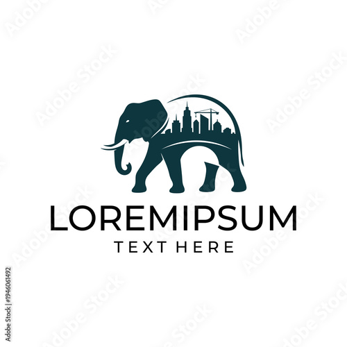 Elephant silhouette with city skyline and construction crane inside its body.