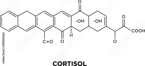 Cortisol hormone chemical structure diagram, stress hormone molecular formula illustration, medical biochemistry science vector educational graphic